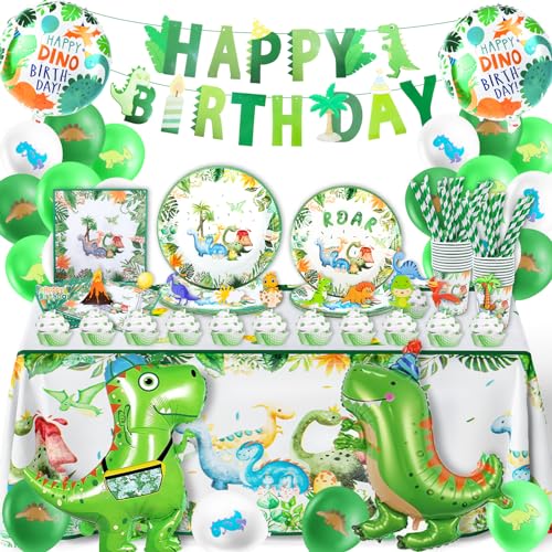 Dino Luftballons Geburtstag Deko- 98PCS Dinosaurier Geburtstag Geschirr Set Dino Partygeschirr Junge Geburtstagsdeko Party Pappteller Kindergeburtstag Tischdecke Teller Servietten Becher für 10 Gäste von Foesihep