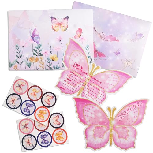 Foesihep 12PCS Einladungskarten Schmetterling, Einladungskarten Kindergeburtstag Mädchen, mit Schmetterling Umschläge und Aufkleber, Partyeinladungen Einladungskarten Geburtstag von Foesihep