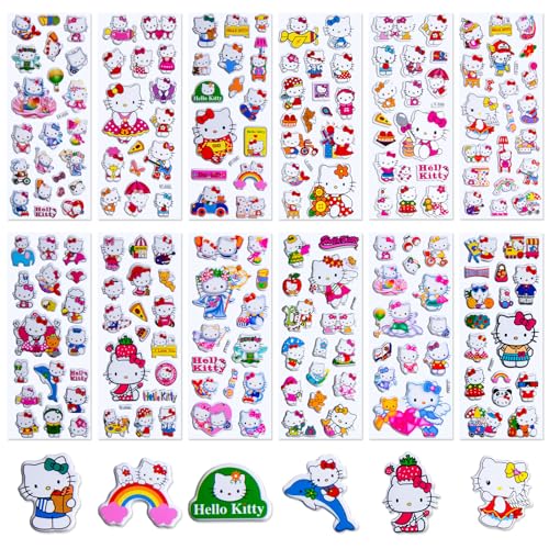 Hello Kitty Sticker Kinder 3D- 12 Blätter Sanrio Puffy Sticker Vinyl Aufkleber Mädchen Wasserfest Geschwollen Stickers Deko Set Mitgebsel Kindergeburtstag Geschenk für Laptop Skateboard Scrapbook von Foesihep