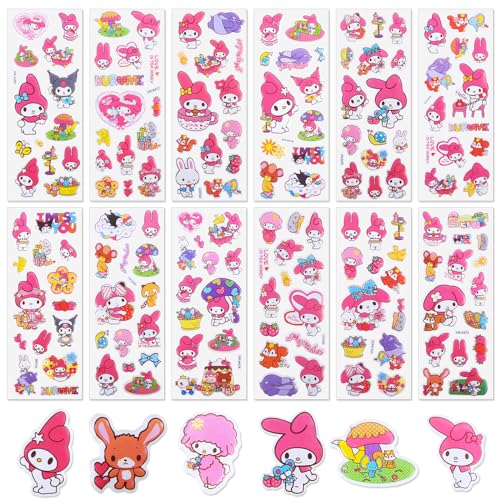 Kawaii Sticker Kinder-12 Blätt Kuromi Sticker Vinyl 3D Anime Puffy Aufkleber Mädchen Wasserfest Geschwollen Sticker Deko Set Mitgebsel Kindergeburtstag Geschenk für Laptop Skateboard Scrapbook Bottle von Foesihep