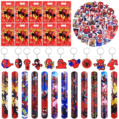 Mitgebsel Kindergeburtstag Spider- 82Pcs Spider Spielzeug Set mit 50 Aufkleber 10 Schlüsselanhänger 10 Geschenktüten 12 Schnapparmband Kinder Mitbringsel Geschenk Spidey Party Zubehör Geburtstag Deko von Foesihep