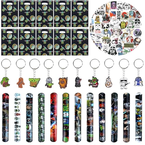 Mitgebsel Kindergeburtstag Star Krieg-82Pcs Sterne Wars Spielzeug Set-50 Aufkleber 10 Schlüsselanhänger 10 Geschenktüten 12 Schnapparmband Kinder Mitbringsel Geschenk Yod Party Zubehör Geburtstag Deko von Foesihep