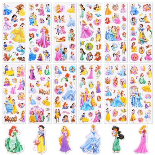 Prinzessin Sticker Kinder 3D-12 Blätt Princess Sticker Vinyl Puffy Aufkleber Mädchen Wasserfest Anime Geschwollen Stickers Deko Set Party Mitgebsel Kindergeburtstag für Laptop Skateboard Scrapbook von Foesihep