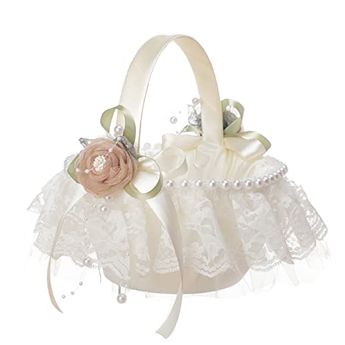 Fofetbfo Hochzeit Blumenmädchen Korb, Weiß Spitze Blumenkorb mit Seidenrose Blume und Perle, Eleganter Satin Blumenkorb für Hochzeitszeremonie Party Dekoration von Fofetbfo