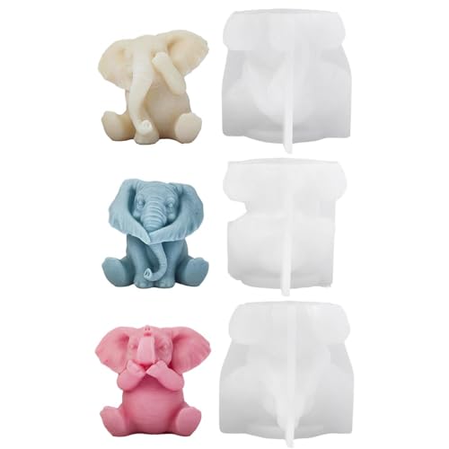 3 Stück Elefant 3D-Form 3D Elefant Silikonform Silikonform Epoxidharz Elefant Kerzenform Tierseifenform 3D süße Tier-Silikon-Seifenform für Fondant, Tortendeko, Schokolade, Seife von Fogukier