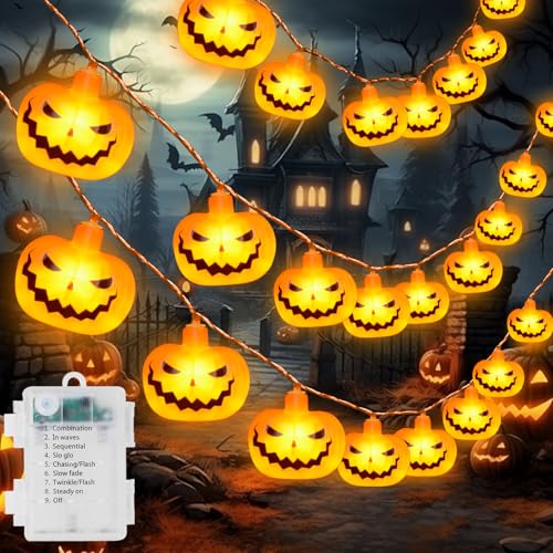 Fohil Halloween Dekorationen 3.2M 20LED Halloween Kürbis Lichterkette, Wasserdichte 8 Modi Halloween Lichterkette für Außen Innen Halloween Dekorationen Kürbisdekoration von Fohil