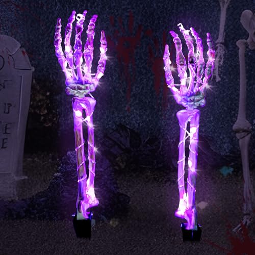 Halloween Deko für Außen Garten, 2 Stück Skeletthand con 48LED Lichterkette, 8 Modi Wasserdicht Halloween Lichter Halloween Deko Garten Halloween Dekoration Outdoor für Balkon Garten Halloween Party von Fohil