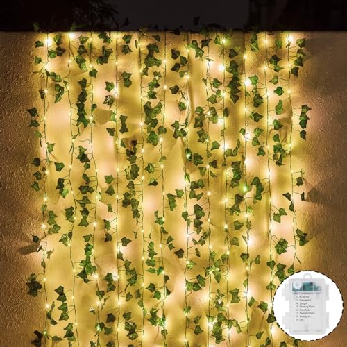 LED Lichterkette Efeu Künstlich, 10M Fake Efeu Girlande mit 100LED Batterie, Wasserdicht Efeu Lichterkette Dekoration für Garten, Balkon, Hochzeit, Party, Zimmer Deko Aesthetic von Fohil