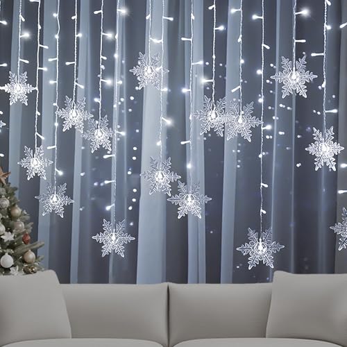 Lichtervorhang Innen, 96LED Schneeflocke Lichterkette, Fenster Lichterkette Innen, Wasserdicht Weihnachtsbeleuchtung Fenster 8 Modi Lichtervorhang für Fenster, Zimmer, Weihnachtsdeko Innen Außen von Fohil