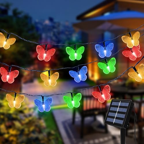 Solar Lichterkette Aussen 5M 20 LED Schmetterling Lichterkette Außen Solar Wasserdicht IP65, Solar Lichterkette Außen Bunt, 8 Modi Solar Deko für Außen Garten Sommer Terrasse, Balkon, Bäume Hochzeiten von Fohil