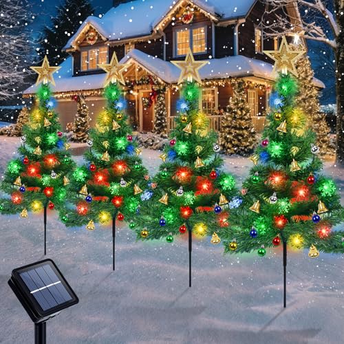 Weihnachtsbeleuchtung für Außen, 4 Stück Solar Weihnachtsbaum mit Lichterketten, Solar Christbaumbeleuchtung mit 80LED Schneeflocke, Weihnachtsbaumspitze Stern, bällen Glocken, Weihnachtsdeko Aussen von Fohil