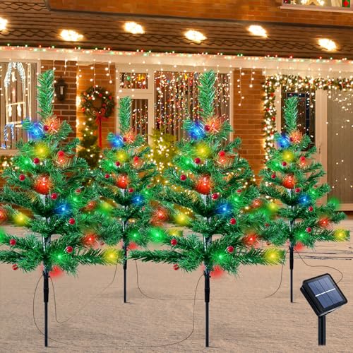 Weihnachtsbeleuchtung für Außen, 4 Stück Weihnachtsbaum mit 80LED Solar Lichterketten, Solar Christbaumbeleuchtung mit Roten Beeren, Weihnachts Wegbeleuchtung, Weihnachtsdekoration für Außen Garten von Fohil