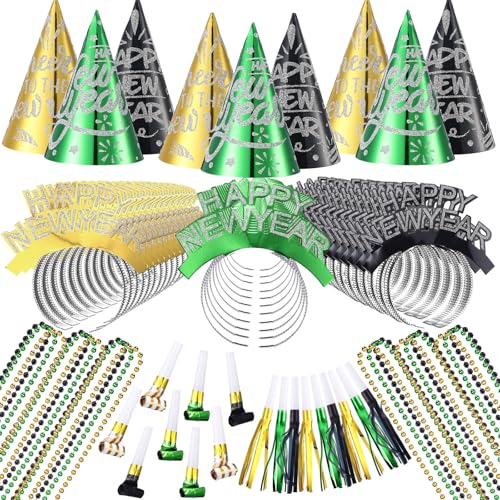 Foilswirl Silvester-Party-Zubehör 2025 Happy New Year Cone Hats Glitzer Stirnband Tiara Perlen Halskette Quaste Squawker Curled Squawker (Schwarz, Gold, Grün) von Foilswirl