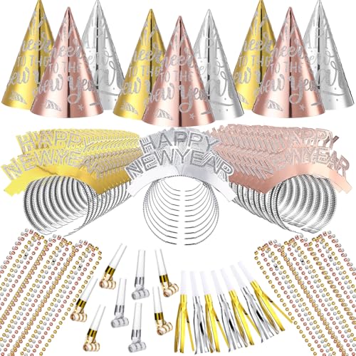 Foilswirl Silvester-Party-Zubehör 2025 Happy New Year Cone Hats Glitzer Stirnband Tiara Perlen Halskette Quaste Squawker Curled Squawker (Silber, Gold, Roségold) von Foilswirl