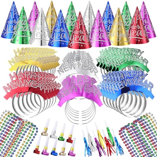 Foilswirl Silvester-Party-Zubehör 2025 Happy New Year Cone Hats Glitzer Stirnband Tiara Perlen Halskette Quaste Squawker Gekräuselte Squawker (Rot, Grün, Gold, Blau, Lila, Silber) von Foilswirl