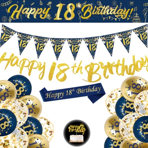 18 Geburtstag Dekorationen, Blau Gold Happy 18th Birthday Banner, 18 Geburtstag Luftballons, Wimpelkette Flaggen, Schärpe für Männer Frauen Blau 18 Geburtstag Party Supplies von Fokelyi