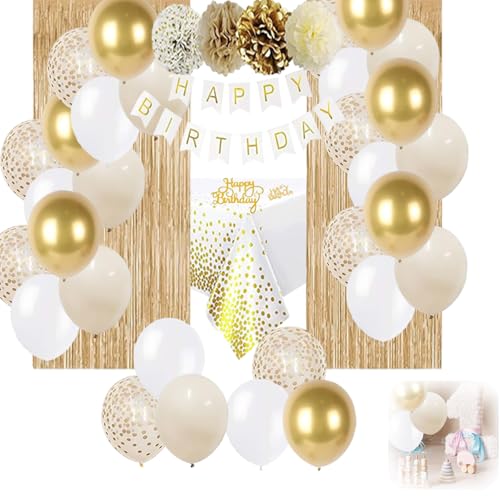 46 Stück Geburtstagsdeko Gold, Beige Gold Weiß Party Deko Set, Kindergeburtstag Deko mit Happy Birthday Banner, für Frauen Mädchen Junge Geburtstag Deko von Fokelyi