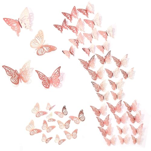 48 Stück 3D Schmetterlinge Deko, Schmetterling Wandaufkleber, 4 Arten Dekoration Schmetterling Deko, Deko Schmetterlinge für Babyzimmer Hochzeit Badezimmer Party (Roségold) von Fokelyi