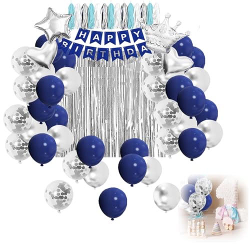 70 Stück Blau Silber Geburtstag Party Luftballons Set, Banner Girlande Luftballons Silber Blau Folie Fransen Vorhänge Pompons, für Mann Frauen Jungen Mädchen von Fokelyi