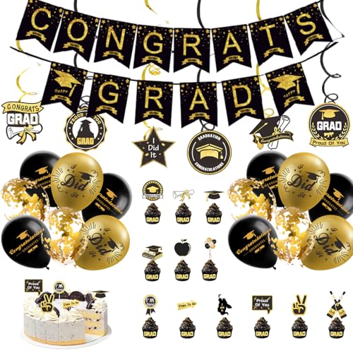 Abschluss Deko, Schwarz Gold Graduation Deko mit Congratulations Banner, Banner mit Seidenpapier Pom Poms Dreieckige Wimpel Girlande Spiralen Dekoration, Luftballons Graduierung Fotorequisiten von Fokelyi