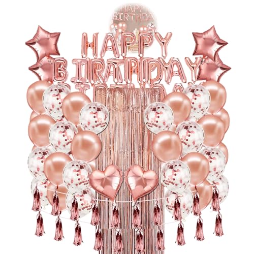 Rose Gold Happy Birthday Dekorationen, Happy Birthday Luftballons Banner Kit, Fransen Vorhang Folie Tischdecke Herz Stern Folie Konfetti Ballons für Mann Frauen Geburtstag Party von Fokelyi