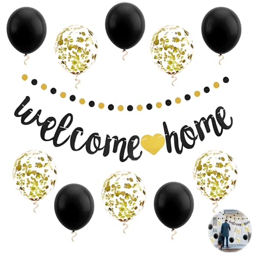 Welcome Home Decorations, Black Gold Welcome Home Balloons Banners Set, Wimpel Flagge Wimpelkette für Zuhause Familie Baby Shower Welcome Back Party Supplies von Fokelyi