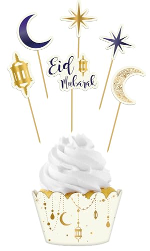 Folat 24895 Mubarak Dekoration-Cupcake Set Mubarak-12 Stück Eid Deko Stern Mond Zubehör Ramadan, Mehrfarbig von Folat