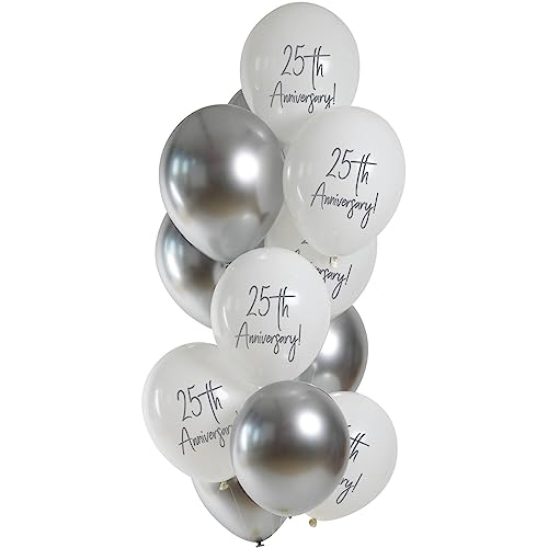 Folat 25163 Luftballons Set Latex-Silver Anniversary 33cm-12 Stück-Für Jubiläums Silber 25 Jahre, Medium von Folat