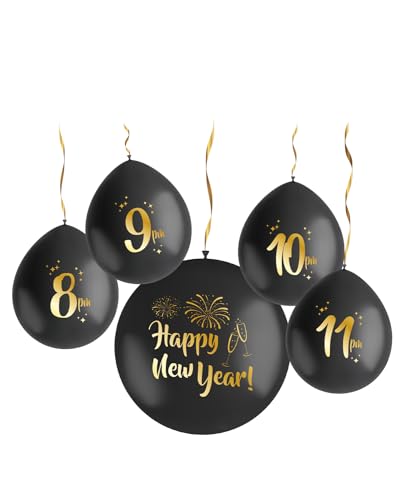 Folat 63766 Latexballons-Countdown-Set-BlackGold HNY-33 cm & 61 cm-5 Stück-Silvester Deko, Neujahrs Party, Neujahr Silvesterdeko, Frohes Neues Jahr, Happy New Year, Mehrfarbig von Folat