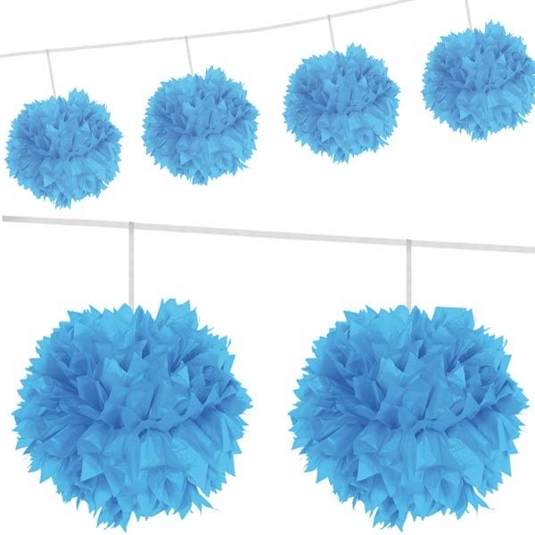 Girlande mit 4 Pompons, blau, flauschige Puffbälle aus Papier, 3m von Folat