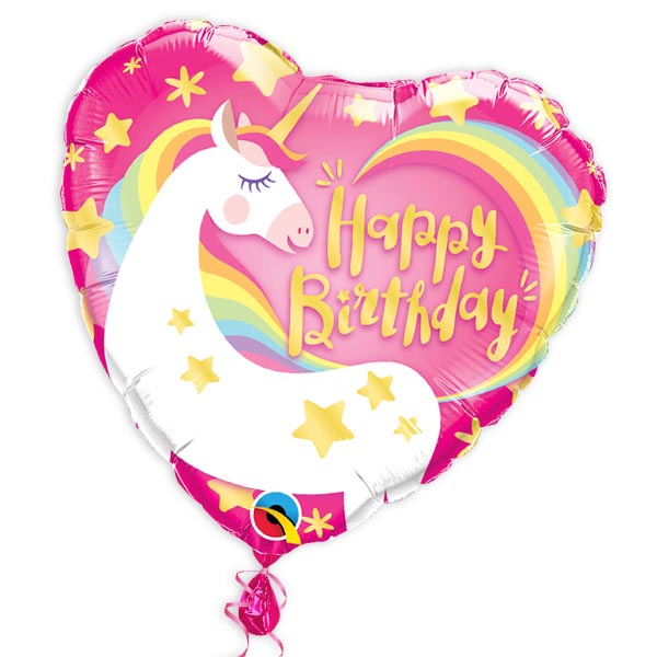 Happy Birthday Herzballon mit Einhornmotiv, heliumgeeignet, 38cm x 39cm von Folat