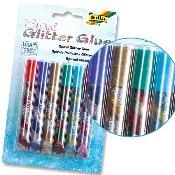 Glitter-Glue Spiralen Standard, 6er Pack, mit eingedrehten Farben, Bastel-Idee, Glitzer Klebstoff von Folia Bringmann