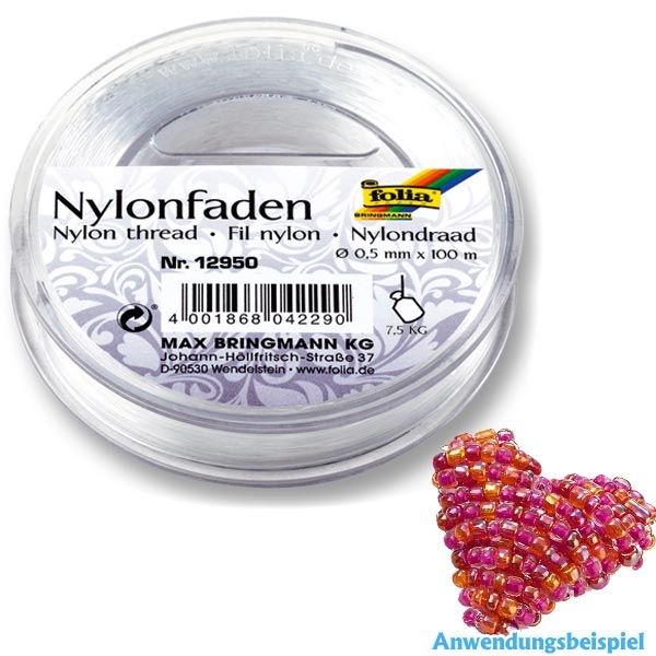 Nylonfaden auf Spule, 0,50mmx100m transparent, für Perlentiere, Mobiles, Schmuck von Folia Bringmann