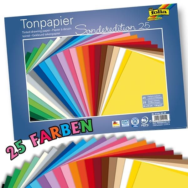 Tonpapier 25 Blatt, 25 versch. Farben, 25cm x 35cm, ideal zum Basteln von Folia Bringmann