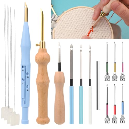 Fomiat 17 Stück Stickerei Starter Kit Punch Needle Kit Einstellbare Stanznadel Werkzeug Holzgriff Stickstift Stanznadel Tuch Stanznadel Set für Stickgarn Kreuzstich Anfänger(17) von Fomiata