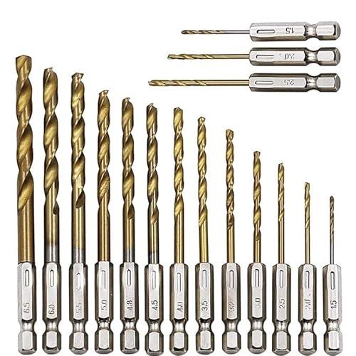 16-teiliges HSS-Schnellarbeitsstahl-Titanbeschichtetes Bohrer-Set 1/4 Sechskantschaft 1,5-6,5 mm Akkuschrauber Holzbearbeitungswerkzeuge(16pcs) von FonFou