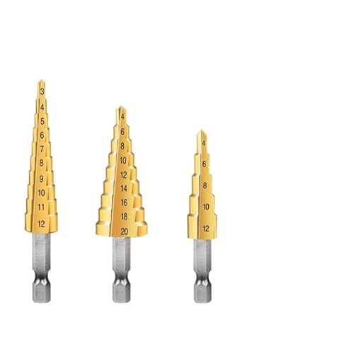 3-teiliges 4-12 mm/4-20 mm/4-32 mm Stufenbohrer-Set Titanbeschichtetes Holz Metallschneidende Hochgeschwindigkeitsbohrer(3pcs 3-12 4-12 4-20) von FonFou