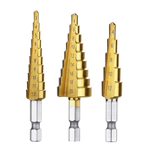 3-teiliges Set Bohrer HSS Stahl 4–12 4–20 4–32 HSS gerade Nut Stufe Holz Titan Kegel Stufe Bit Loch Metallwerkzeuge Cutter Bohren(3pcs 4-12 3-12 4-20) von FonFou