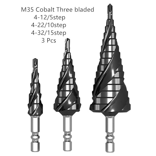 4-12/4-20/4-32 mm M35 Kobalt-Tiain-beschichteter HSS-Stufenbohrer Schnellarbeitsstahl-Kegel-Metallbohrer-Werkzeug-Set Stainles-Lochschneider(TMC-3B-3Pcs) von FonFou