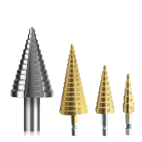 4-35 mm HSS Titanbeschichteter Stufenbohrer Hochgeschwindigkeitsstahl Metall Holz Lochschneider Kegelbohrer for Metallkegelwerkzeug(4pcs) von FonFou