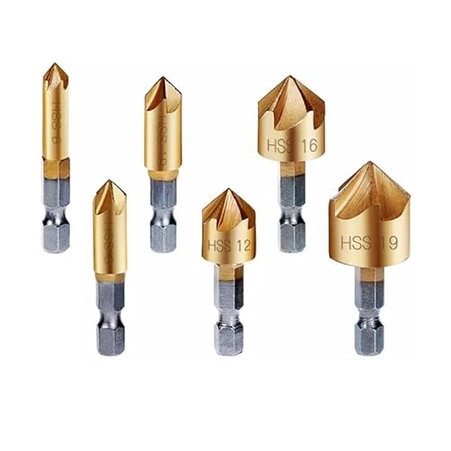 6 Stück 6 mm-19 mm Fünf-Blatt-Fasenbohrer-Set 1/4 Zoll Sechskantschaft HSS Titan 5 Flöte Senker Holz Handwerkzeuge Anfasen(6PCS 6-19MM) von FonFou