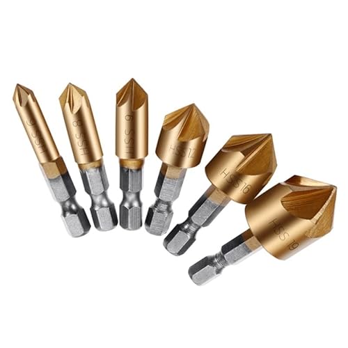 6-teiliges Senkerbohrer-Set 1/4 Zoll Sechskantschaft HSS 5 Flötensenker 90 Grad Holzfasenfräser Fase 6 mm-19 mm von FonFou