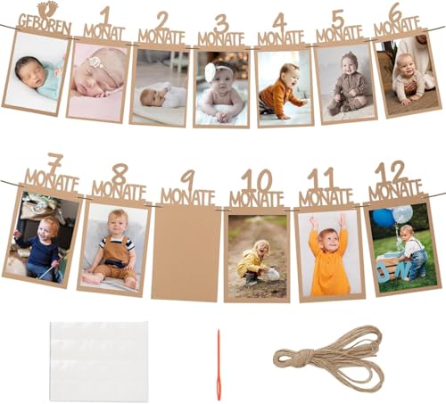 FonVan Baby Erster 1. Geburtstag Banner Kraftpapier, Foto Banner Hängende für 1 bis 12 Monate, 1. Geburtstag Girlande Fotokarten, Hängende Foto Wanddekoration für Party Dekor Feiern (Braun) von FonVan