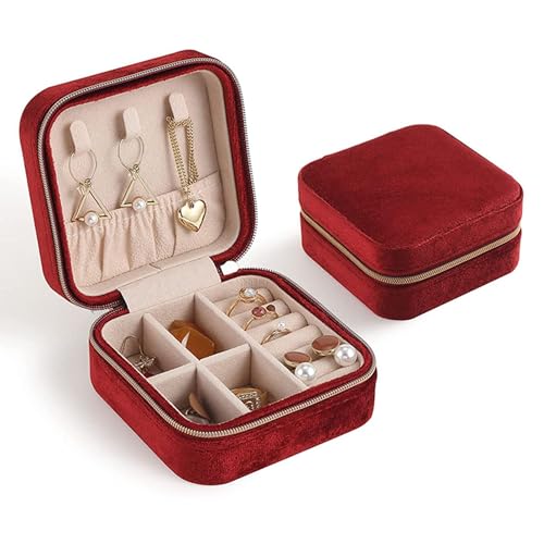 FonVan Samt Kleine Schmuckkästchen für Damen Mädchen, Kleines Reise Schmuckschatulle, Mini Schmuckbox, Mini Schmuck Organizer Aufbewahrung für Ohrringe, Ringe, Halsketten, Armbänder (Rot) von FonVan