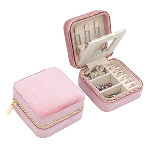 FonVan Samt Kleine Schmuckkästchen für Damen Mädchen, Kleines Reise Schmuckschatulle mit Spiegel, Mini Schmuck Organizer Aufbewahrung für Ohrringe, Ringe, Halsketten, Armbänder (Hellrosa) von FonVan