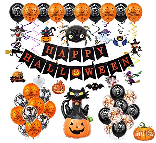 Fontee® 60er Halloween Party Deko Set Happy Halloween Luftballons Banner, Spinne, Fledermaus, Hexe, Kürbis Ghost Folienballon Latex Ballon für Halloween Bar Wohnaccessoires von Fontee