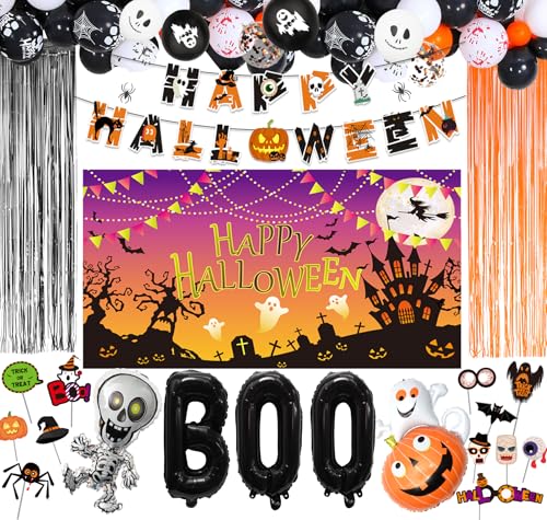 Fontee® 82er Halloween Party Deko Set Happy Halloween Luftballons Banner, Skelett, Kürbis, Ghost Folienballon Latex Ballon für Halloween Bar Wohnaccessoires von Fontee