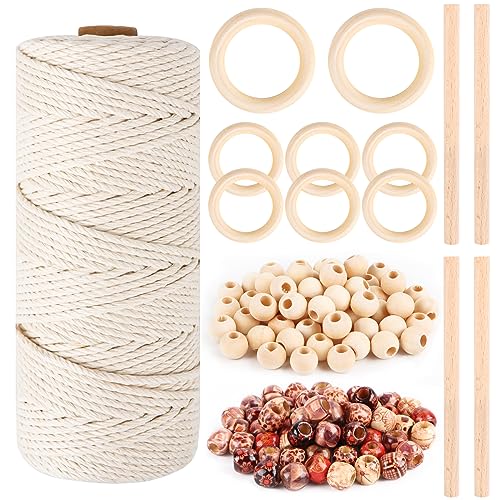 Makramee Garn Set Macrame Cord 3mm x 100m mit 120 Makramee Perlen, 8 Holzringe und 4 Holzstäbchen, DIY Handgewebtes Baumwollkordel makramee zubehör für Boho Deko Wandbehang Dekoration Basteln von Fonyet