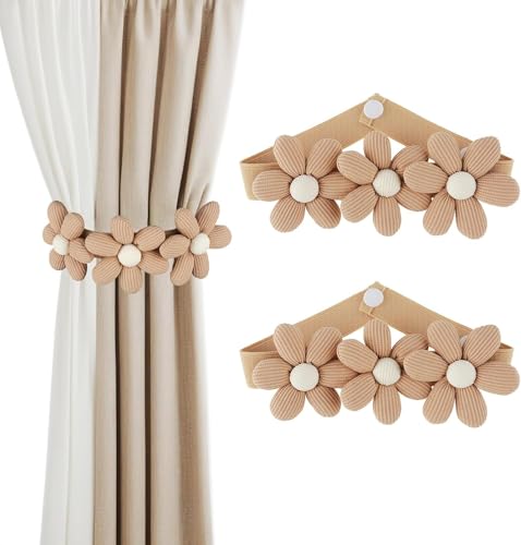 Fonyiunce 2 Stück Vorhang Raffhalter, Khaki Elastische Raffhalter, Blumen Vorhang Raffhalter, Seil Vorhangschnallen mit Verstellbaren Riemen, für Haus, Büro, Wohnzimmer, Fenster Dekoration Beige von Fonyiunce