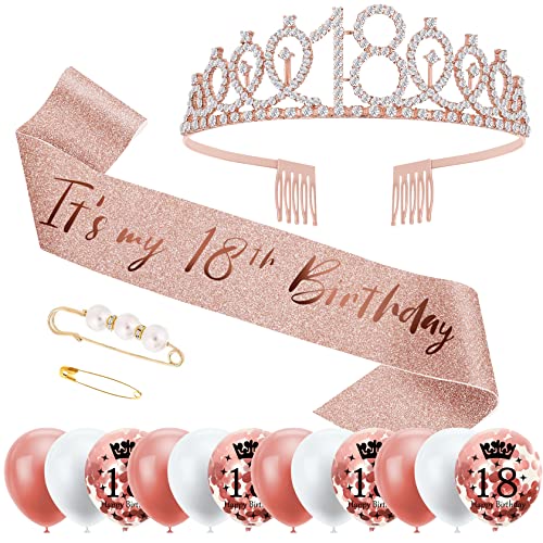 18. Geburtstag Mädchen Schärpe und Tiara, Deko Geschenke für Frauen zum Alles Gute zum Mit 12 Rosegold Konfetti Luftballons von Foonii